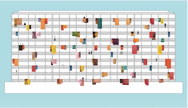 Projet d'exposition temporaire de tissus sur la façade d'un immeuble à Sarcelles.