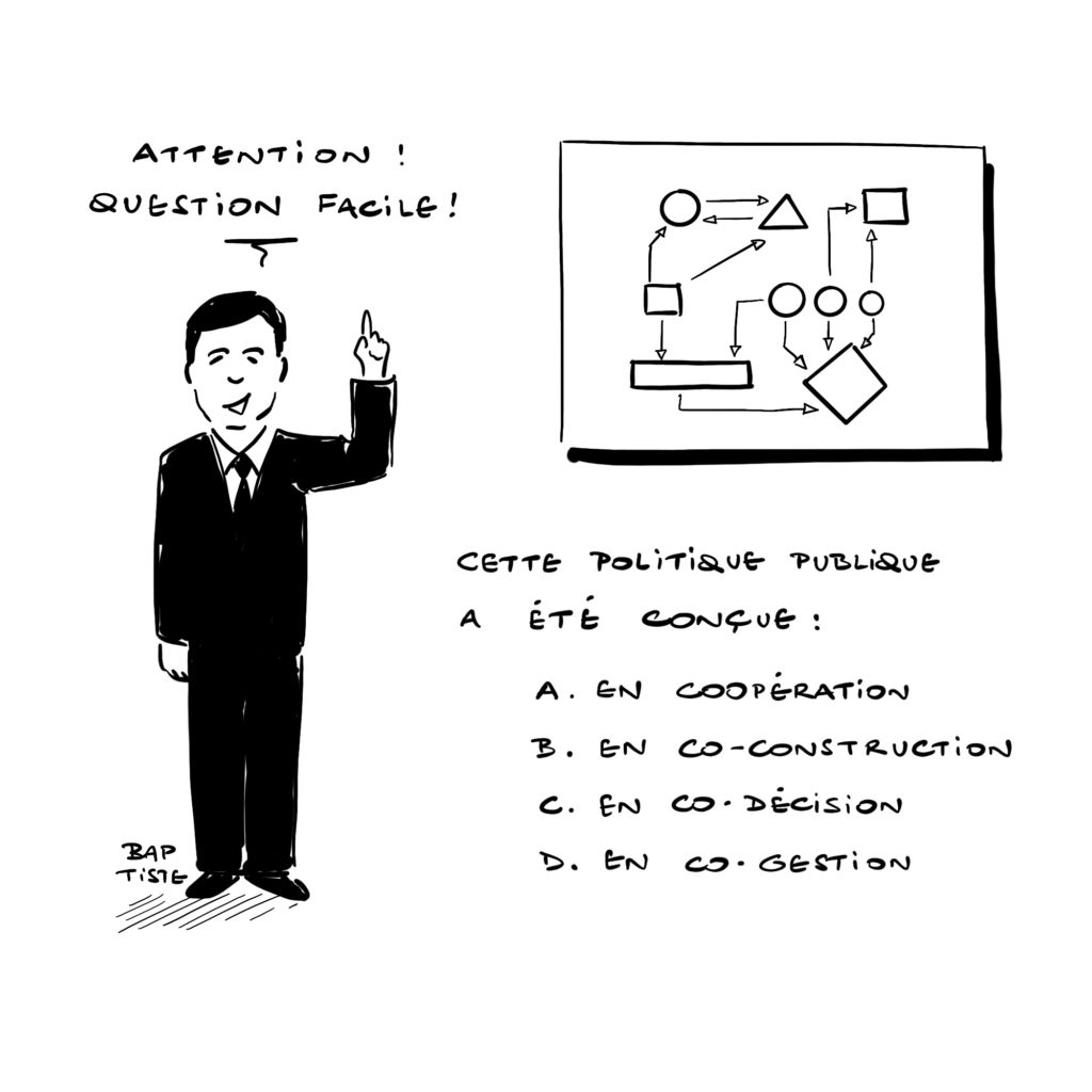 Dessin : un professeur pose une question « facile » sur les politiques publiques.