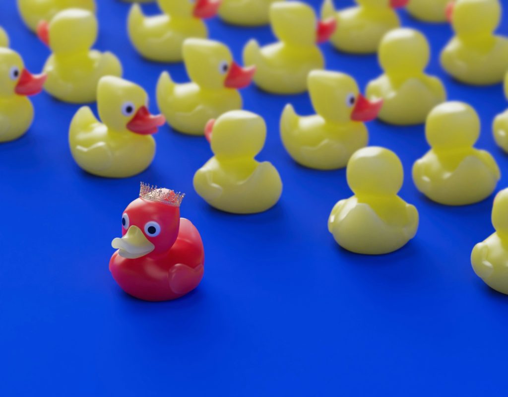 Canards jaunes groupés avec un canard rouge qui regarde dans une autre direction